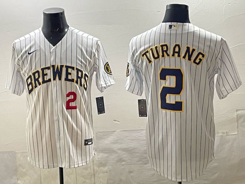 Men 2025 Milwaukee Brewers #2 Turang White Stripe 2025 Nike MLB Jersey 014